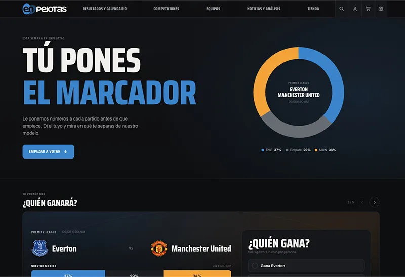 EnPelotas.com home page, live scores and a match prediction poll