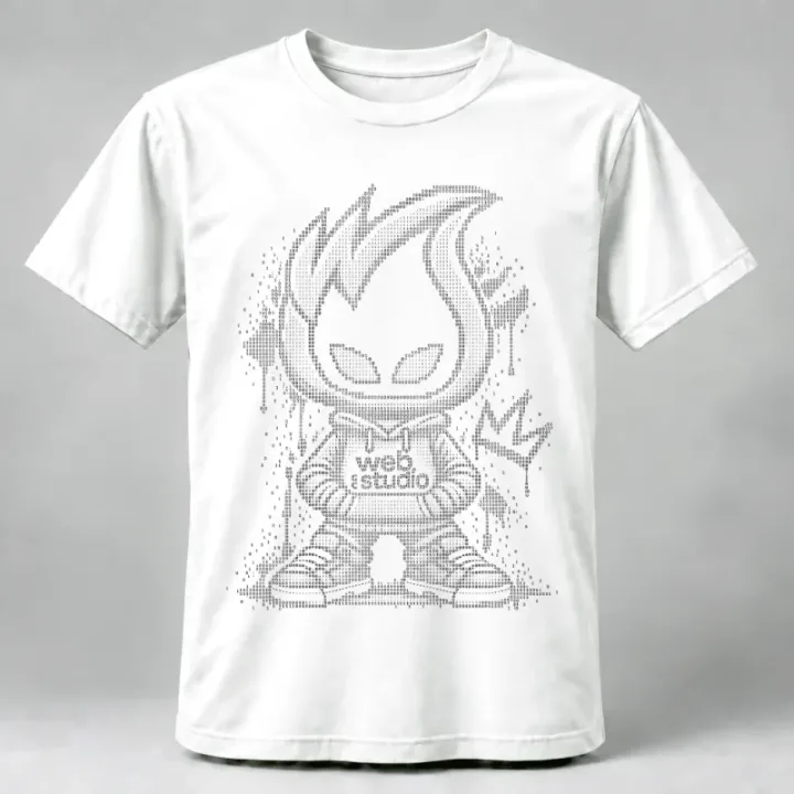 White t-shirt with Kode, the GC Web Studio mascot, drawn in binary